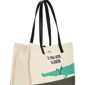 kate spade Cream Canvas Tote with Green Alligator and Black Straps